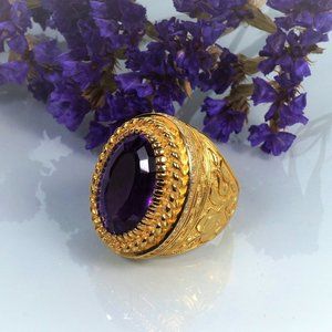 Bishop ring, Large amethyst ring, Oval ring, 14K Gold heavy ring,